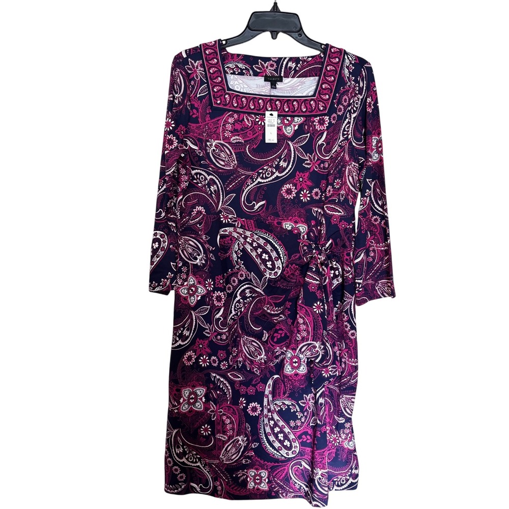 Talbots Women's Paisley Dress Large NWT Square Neck Side Knot Purple